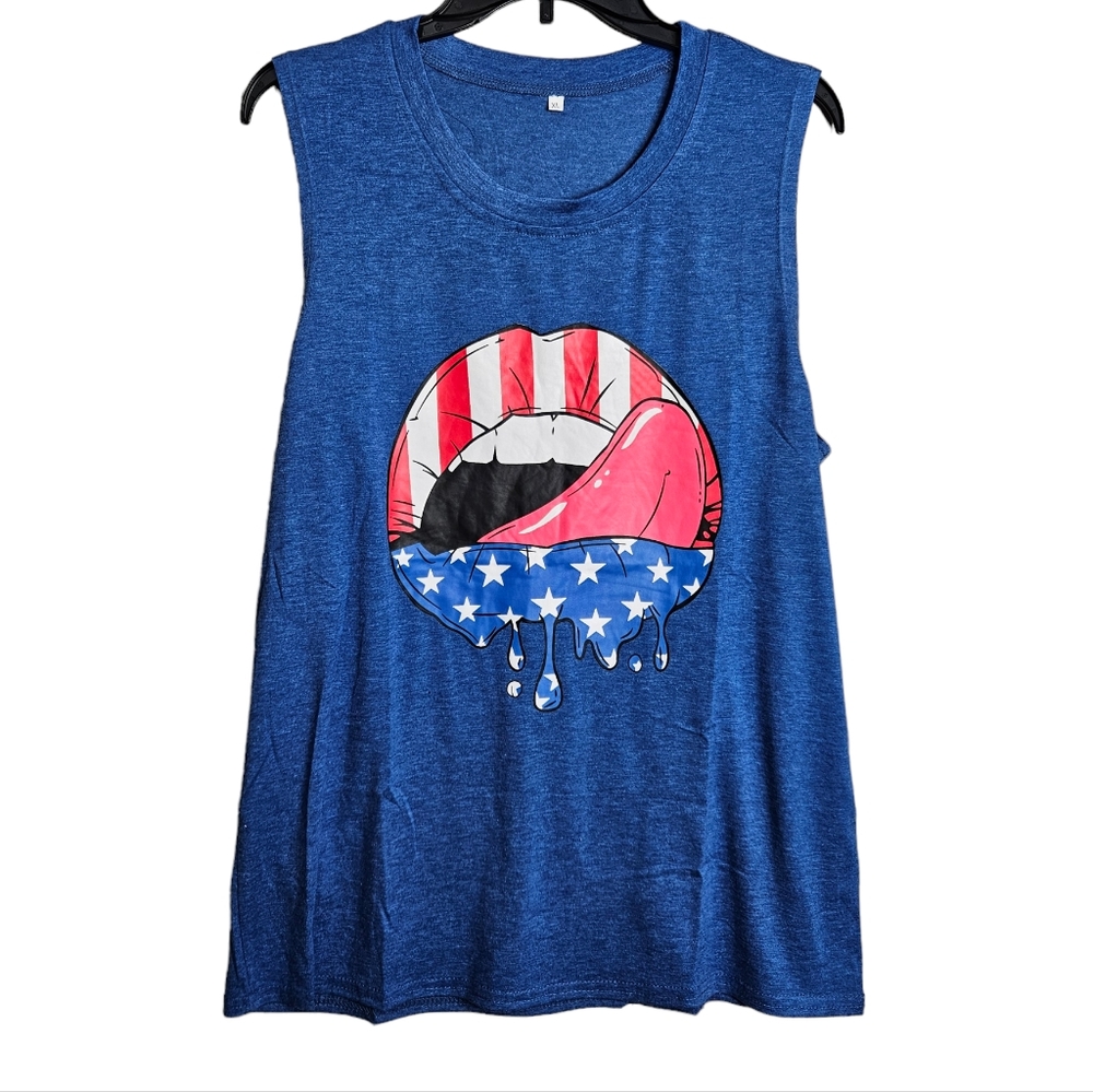 Men's Sleeveless Blue Red White American Flag Lips Paint Dripping Graphic Tshirt